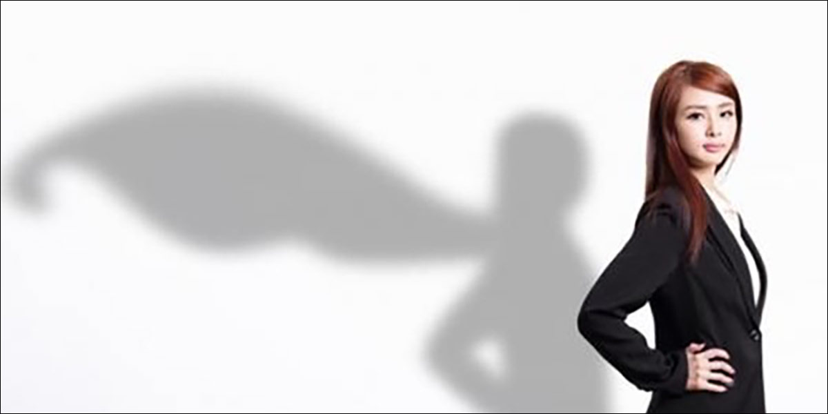Image of young woman with Customer Service superhero cape shadow