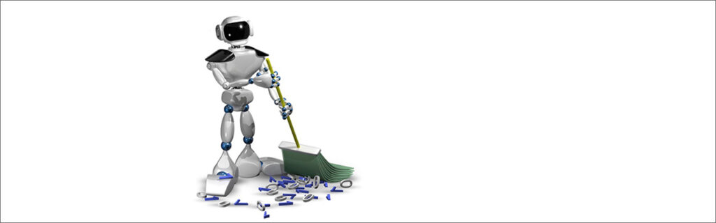 Image of Robot cleaning binary numbers, representing data.