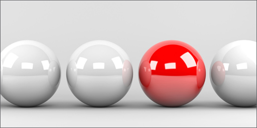 Image of a row of white balls with one red ball.