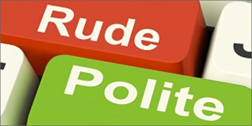 Image containing the words 'rude' and 'polite' on a keyboard.