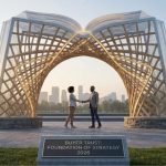 Conceptual image of business professionals shaking hands under an archway shaped like an open book, symbolizing buyer trust as the foundation of B2B strategy in 2026.